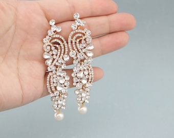 pearl chandelier earrings wedding earrings pearl drop earrings Gold Bridal earrings drop wedding earring pearl gold prom jewelry set Crystal