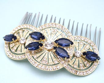 royal blue hair comb Gold veil comb Blue Rhinestone hair comb light blue bridal hair comb Navy blue Wedding hair comb Rose gold Wedding comb