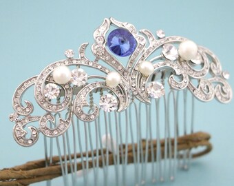 bridal hair comb updo Silver Wedding comb Nvy blue Bridal hair accessories for bun Sapphire Crystal haircomb Wedding hair jewelry White opal