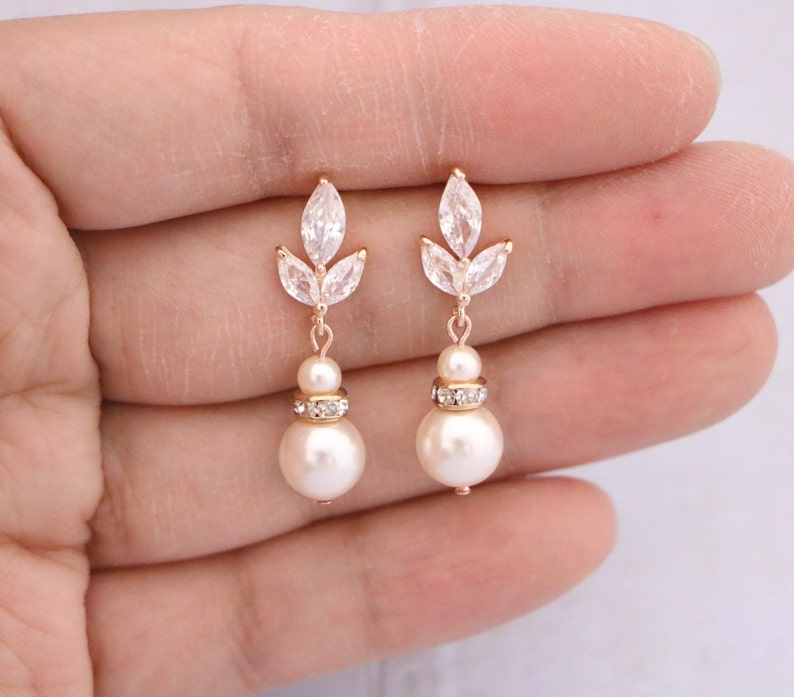 Wedding earrings for bridesmaids Pearl drop Bridal earrings Cubic Zirconia Gold Drop earrings rose gold earrings wedding jewelry earrings image 6