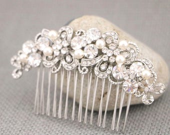 Bridal hair piece with pearl drop earrings Silver Wedding hair clip Gold veil comb Bridal hair accessories Wedding hair jewelry Bridal comb