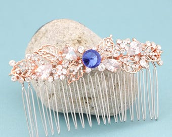 Sapphire Crystal Wedding hair comb Rose gold Wedding comb Side Bridal headpiece Wedding hair accessories for bun Gold Bridal comb Montana