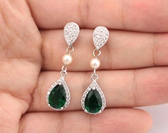 Silver Wedding earrings Pearl Crystal Earrings Green CZ Bridal earrings Navy blue earrings Bridal hair jewelry earrings Bridesmaid earrings