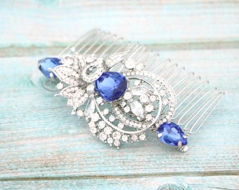 Sapphire Wedding hair comb Emerald Crystal Rhinestone Hair Comb Bridal hair accessories Wedding hair piece Wedding navy blue hair comb Side