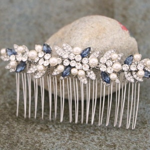 Navy blue Wedding hair comb Side Wedding headpiece Blue hair jewelry Bridal hair comb Wedding hair accessories Pearl side comb Bridal comb image 3