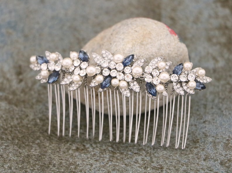 Navy blue Wedding hair comb Side Wedding headpiece Blue hair jewelry Bridal hair comb Wedding hair accessories Pearl side comb Bridal comb image 3