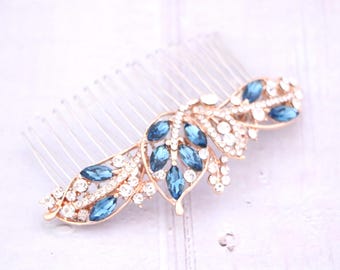 Rose Gold Wedding Hair Comb: Sapphire Crystal, Pearl Bridal Headpiece Navy blue hair comb Wedding hair clip Bridal hair piece Wedding comb
