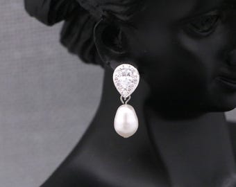 Bridal pearl earrings rose gold earrings wedding pearl drop earrings Gold Crystal earrings Silver CZ Bridal earrings Bridesmaid earrings