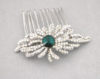 Emerald Rhinestone Bridal Hair Comb:  Emerald Green Crystal Bridal Headpiece Silver Wedding hair clip Bridal hair accessories Wedding comb