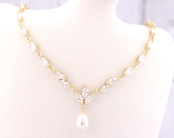 Gold Crystal Necklace Pearl and Crystal Bridal Necklace Gold Crystal Necklace Bridesmaid Necklace Pearl drop CZ Wedding necklace earrings
