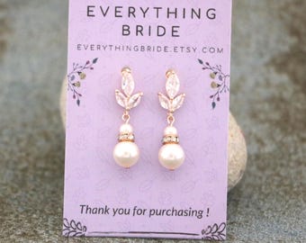 Pearl and Crystal Leaf Earrings Rose gold Pearl drop Wedding earrings Bridal jewelry earrings Gold Bridal Pearl Earrings Bridal earrings
