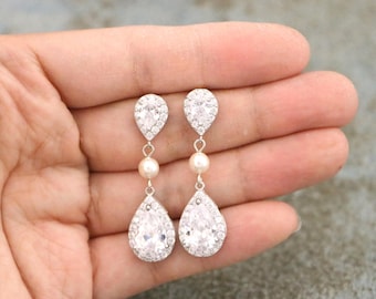 dangle and Pearl earrings Silver Wedding earrings Rhinestone earrings Ivory pearl earrings White pearl Bridal earrings Crystal earrings Gold