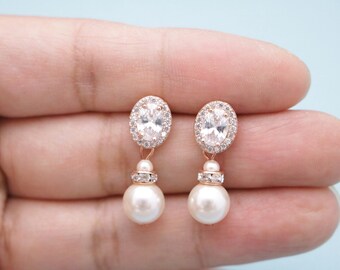 Cubic Zirconia Bridal Earrings pearl wedding jewelry earrings for bridesmaids wedding earrings pearl drop rose gold earrings Crystal earring