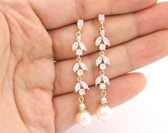 Gold Bridal earrings drop Bridal pearl earring ivory pearl earring rose gold earring wedding jewelry earrings Silver Wedding earring Crystal