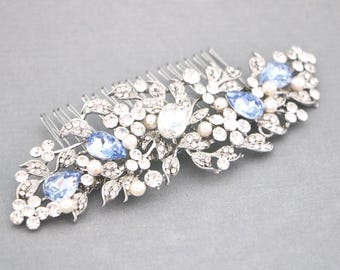 Crystal Pearl Wedding Hair Comb: Rhinestone Bridal Headpiece Sapphire Blue hair clip Wedding hair accessories Gold veil comb Navy blue comb