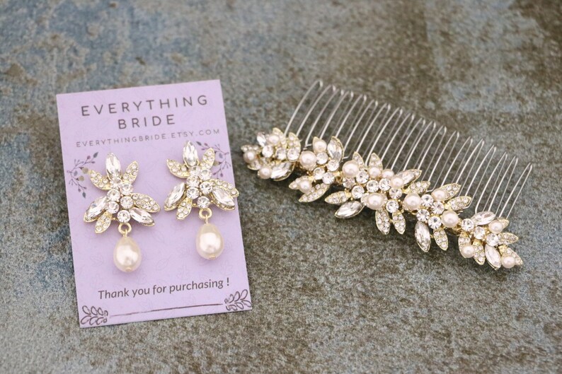 Gold Bridal hair comb with pearl drop Wedding earrings Blue hair jewelry earrings Wedding hair comb Vintage style Wedding comb Earrings Boho Gold & Earring+comb