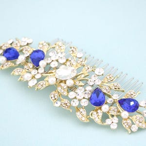 Crystal and Gold Hair Accessories Freshwater Pearl Bridal Hair Comb Navy blue Wedding hair comb Sapphire Wedding comb Rose gold Bridal comb