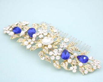Crystal and Gold Hair Accessories Freshwater Pearl Bridal Hair Comb Navy blue Wedding hair comb Sapphire Wedding comb Rose gold Bridal comb