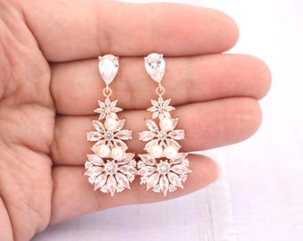 rose gold earrings wedding pearl chandelier earrings Gold Bridal earrings CZ Wedding earrings Silver Rhinestone earrings Bridesmaid earrings