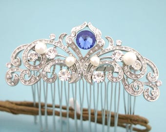 blue floral hair comb delicate something blue bridal hair comb Navy blue Wedding hair comb Sapphire Bridal comb Wedding hair clip Bridal