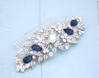 Blue Crystal Bridal Comb Pearl Comb Hairpiece Wedding Hair Accessories for Bun Navy blue Wedding hair comb updo Side bridal headpiece Gold