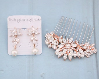 Bridal hair comb Pearl drop Wedding earrings Silver Wedding jewelry earrings Bridal comb Rhinestone Wedding hair comb Crystal earrings Gold