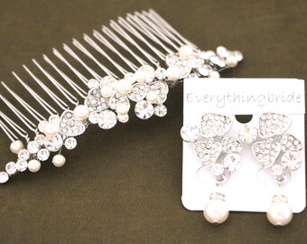 Silver Bridal Jewelry Set: Pearl Rhinestone Hair Comb & Earrings Crystal hair comb Wedding hair clip Pearl drop Wedding earrings Bridesamid