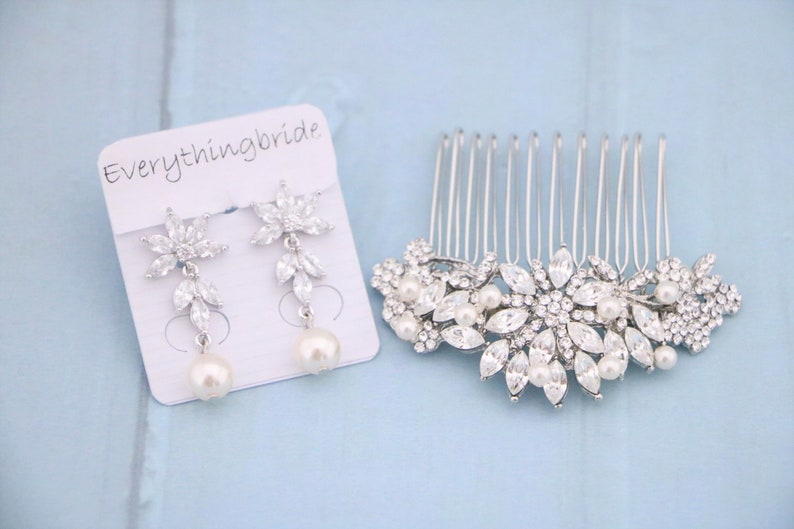 Pearl drop Wedding earrings with hair comb set Silver Wedding hair comb Side bridal headpiece Bridal earrings Crystal Bridal hair comb Side image 1
