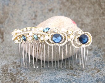 Navy blue Wedding hair comb Gold veil comb Side bridal headpiece Wedding hair accessories for bun Bridal hair comb updo Wedding hair clip