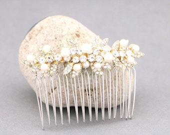Rose Gold Pearl Bridal Hair Comb Crystal Wedding Headpiece, Rhinestone Accessory Pearl drop Wedding earrings Bridal hair piece Gold earrings