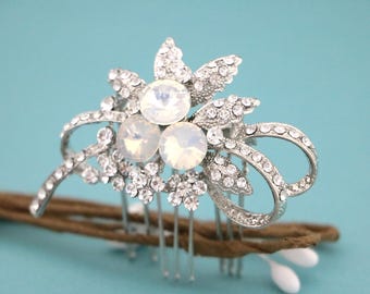Blue Hair Accessories White opal Wedding hair comb Side Wedding headpiece Silver Bridal hair comb updo Navy blue Wedding comb Crystal comb