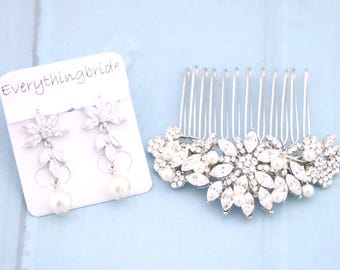 Silver Wedding Hair Comb & Earrings Set, Pearl Rhinestone Bridal Headpiece Bridal hair clip Wedding hair accessories Bridal hair comb Bridal