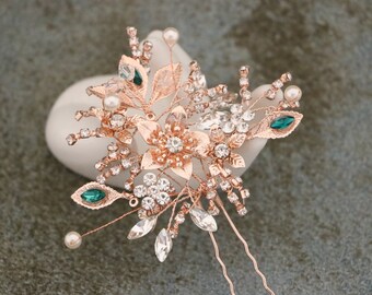 Rose gold hair pins Green Crystal hair pins Wedding hair pins Gold pearl hair pins Boho hair pins Wedding hair jewelry hair pin Side hairpin