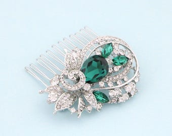 something blue hair comb crystal hair piece Navy blue Wedding hair comb Bridal hair jewelry Wedding hair accessories Green Wedding comb Side