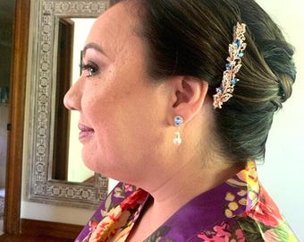 Rose gold Wedding hair comb Pearl drop Bridal earrings Gold Crystal earrings Silver Bridal hair comb Rhinestone Wedding earrings Bridal comb