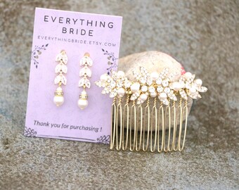 Pearl Drop Wedding Earrings, Crystal CZ earrings Gold hair comb Wedding hair clip Bridal hair accessories Bridal earrings Wedding comb Boho
