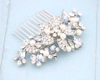 Crystal Pearl Wedding Hair Comb: Blue Wedding comb Sapphire blue hair comb Wedding hair clip Bridal hair accessories Blue Bridal hair comb