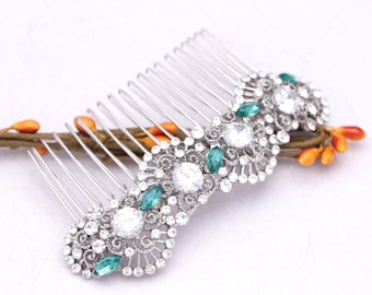 Emerald Crystal hair comb Wedding hair clip Bridal hair accessories Rhinestone Wedding comb Blue Wedding comb Navy blue hair comb Gold comb
