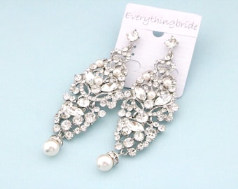 Long crystal wedding earrings Silver Bridesmaids Earrings Pearl drop Bridal earrings Crystal earrings wedding chandelier earrings Rose gold