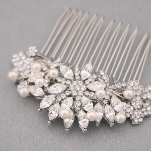 Pearl drop Wedding earrings with hair comb set Silver Wedding hair comb Side bridal headpiece Bridal earrings Crystal Bridal hair comb Side image 2