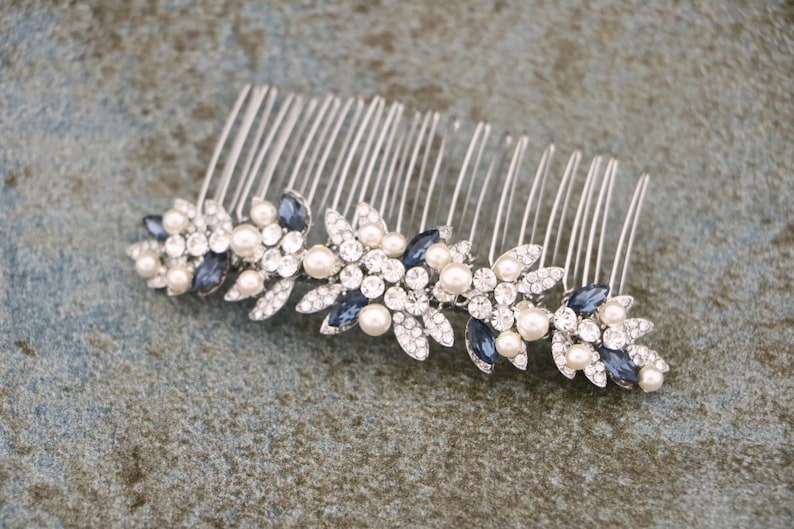 Navy blue Wedding hair comb Side Wedding headpiece Blue hair jewelry Bridal hair comb Wedding hair accessories Pearl side comb Bridal comb image 9