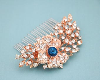 Sapphire Blue Crystal Bridal Hair Comb, Rose Gold Wedding Headpiece Silver Wedding hair clip Rhinestone hair piece Navy blue hair comb Side