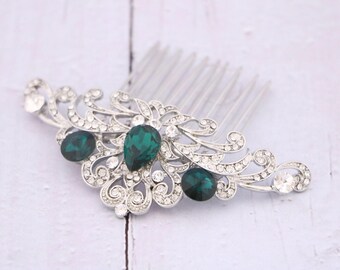 Wedding Hair Accessories for Bun Silver bridal hair comb updo Side bridal headpiece Green Crystal hair comb Navy blue hair comb Wedding comb