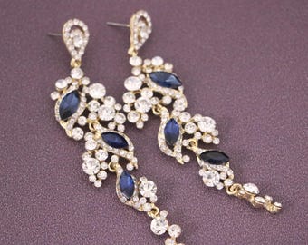 Gold Bridal earrings drop sapphire stud earrings rose gold earrings wedding Blue earrings Navy blue Crystal earrings chandelier earring Boho