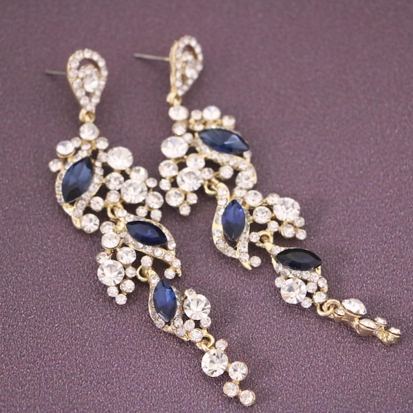 Gold Bridal earrings drop sapphire stud earrings rose gold earrings wedding Blue earrings Navy blue Crystal earrings chandelier earring Boho