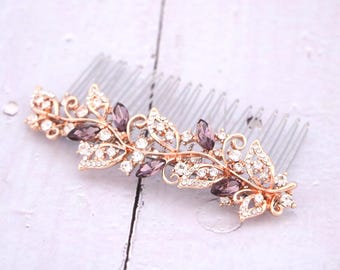 Rose Gold Hair Comb Morganite Purple Wedding hair comb Side bridal headpiece Wedding hair comb Navy blue Wedding comb Blue hair jewelry Side