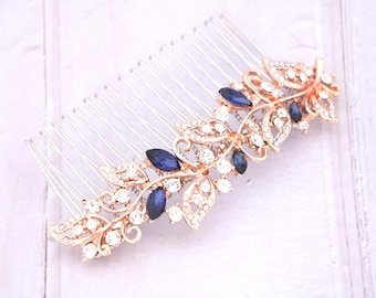 Navy blue drop Wedding earrings Rose gold Wedding hair comb Crystal Wedding headpiece Bridal hair accessories for bun Bridal hair comb Boho
