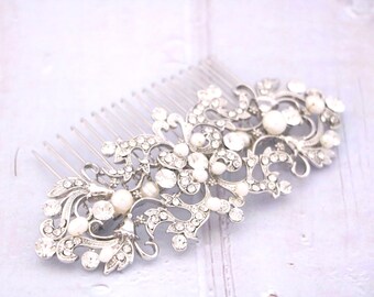 Silver Rhinestone Bridal Hair Comb with Pearls – Crystal Wedding Hair Piece Wedding hair clip Bridal hair accessories Wedding hair comb Side