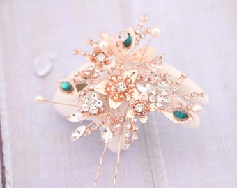 Bridal hair pins Navy blue Wedding hair pins Rhinestone hair pins Emerald Crystal hair pins Gold hair pins Bridal hair jewelry hair pin Boho