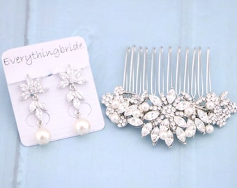 Pearl Drop Wedding Jewelry Set Rhinestone Comb & Earrings Gold Wedding hair clip Pearl drop Bridal earrings Wedding hair comb Pearl earrings